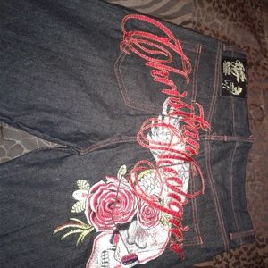 Christian Audigier Denim Rose Shorts